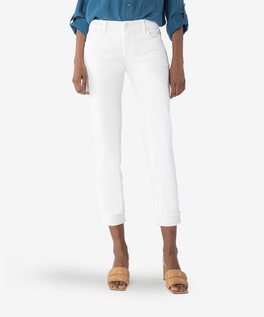 Denim Kut from the Kloth | Amy Mid Rise Crop Straight Leg Roll Up Fray Hem (White) Optic White