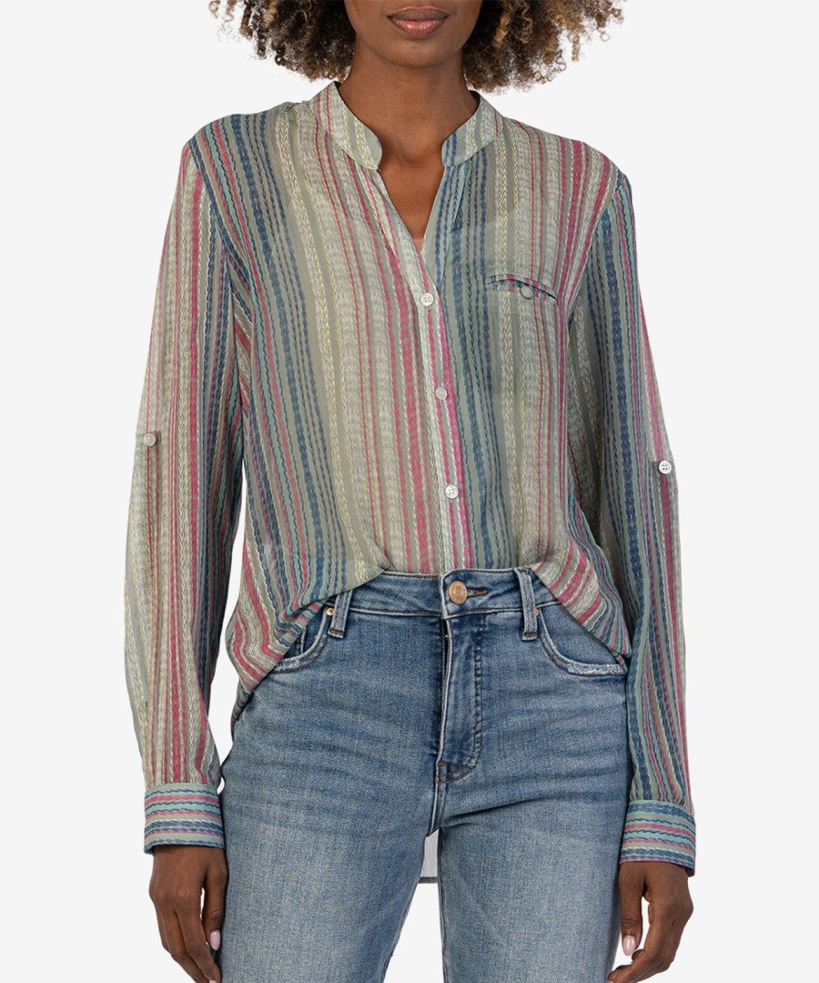 Clothing Kut from the Kloth | Jasmine Chiffon Blouse Colmar Stripe-Olive