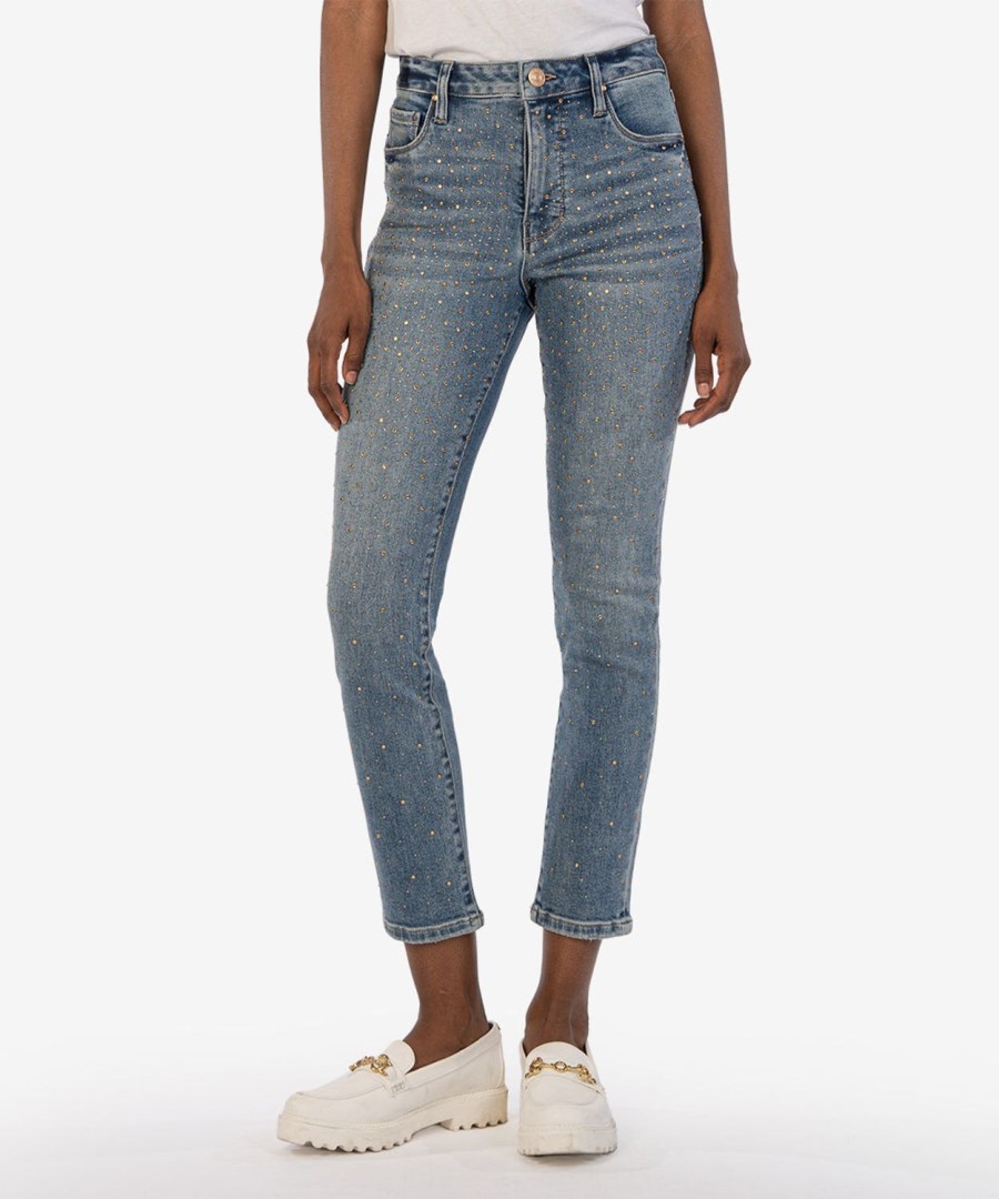 Denim Kut from the Kloth | Reese Rhinestone High Rise Fab Ab Ankle Straight Leg Landed W/Medium Base Wash