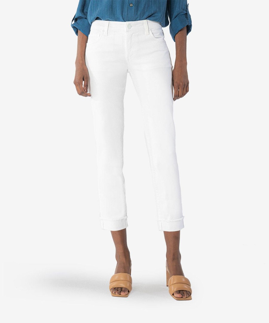 Denim Kut from the Kloth | Amy Mid Rise Crop Straight Leg Roll Up Fray Hem (White) Optic White