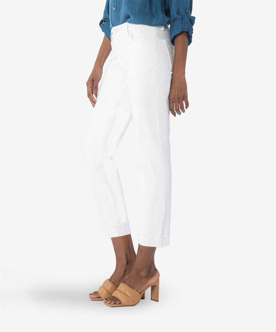 Denim Kut from the Kloth | Amy Mid Rise Crop Straight Leg Roll Up Fray Hem (White) Optic White