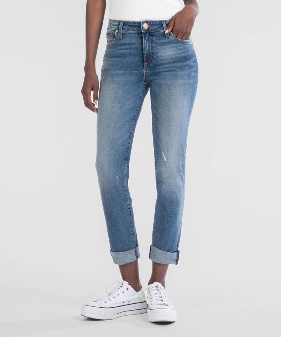 Denim Kut from the Kloth | Catherine Mid Rise Boyfriend Chaired W/Med Base Wash