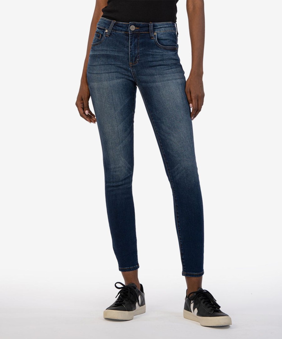 Denim Kut from the Kloth | Mia Mid Rise Slim Fit Skinny, Short Inseam Spirited W/Dk Stone Base Wash