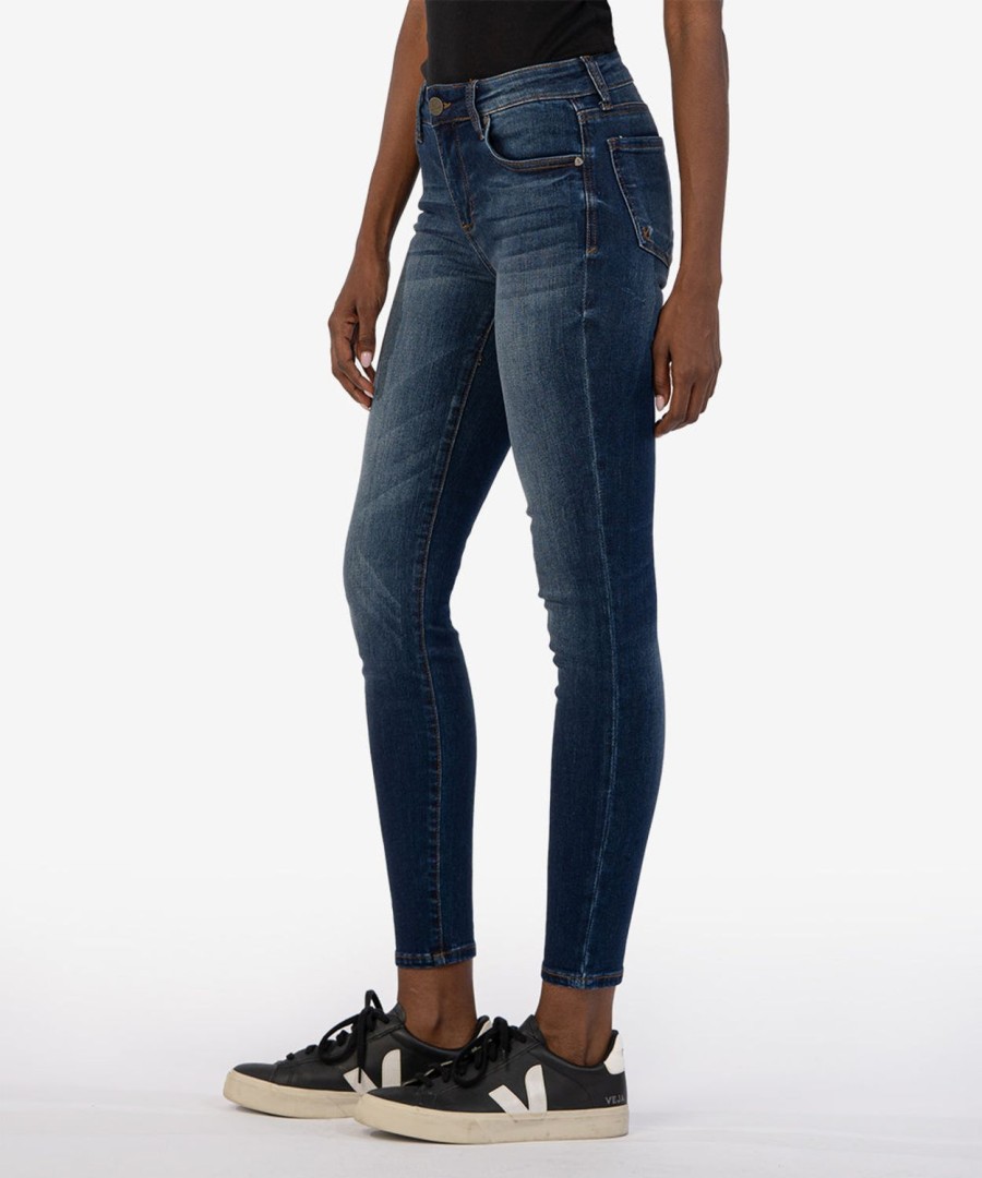 Denim Kut from the Kloth | Mia Mid Rise Slim Fit Skinny, Short Inseam Spirited W/Dk Stone Base Wash