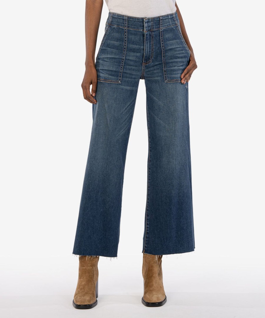 Denim Kut from the Kloth | Meg High Rise Fab Ab Wide Leg Raw Hem Enchant W/Dk Stone Base Wash