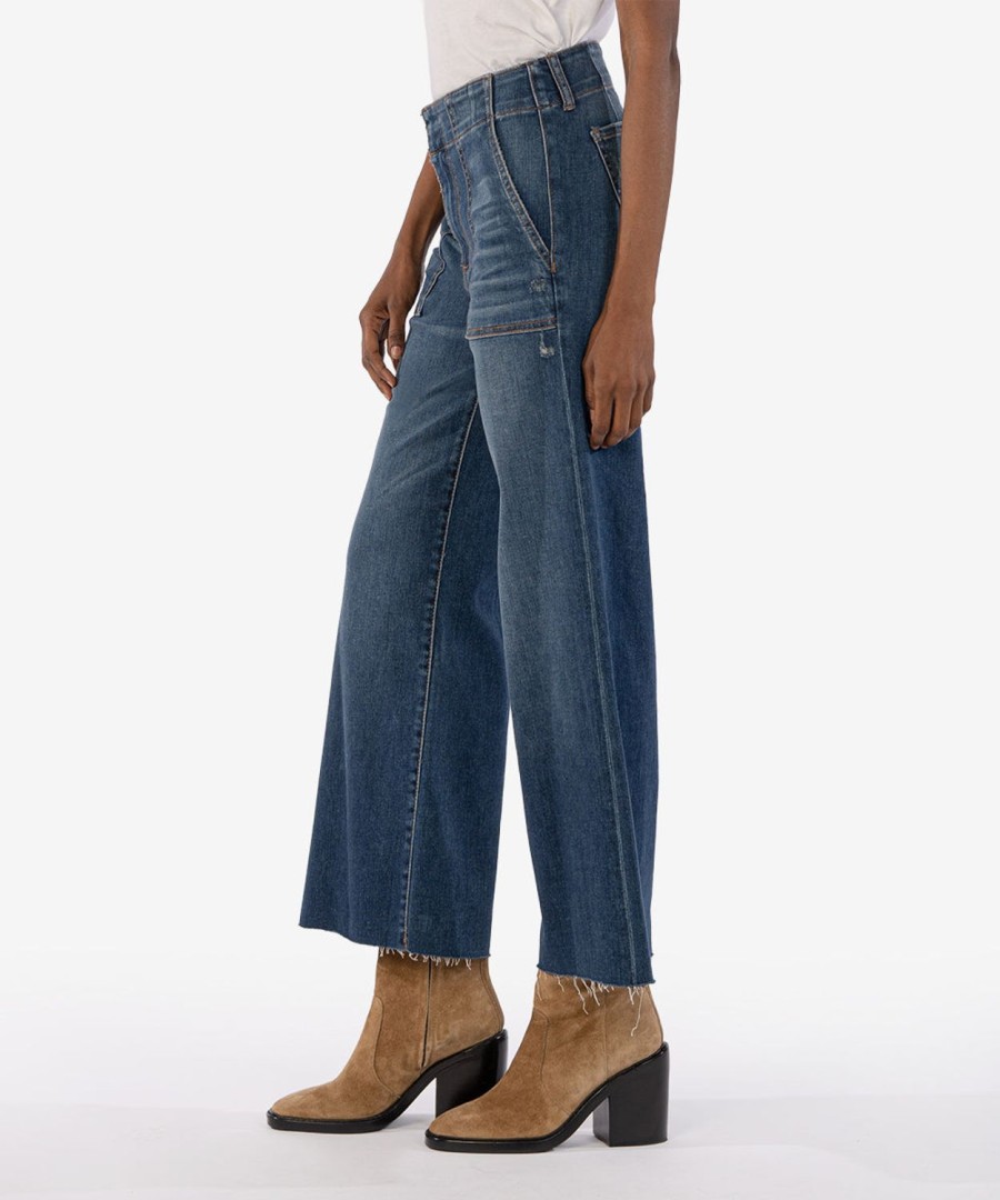 Denim Kut from the Kloth | Meg High Rise Fab Ab Wide Leg Raw Hem Enchant W/Dk Stone Base Wash